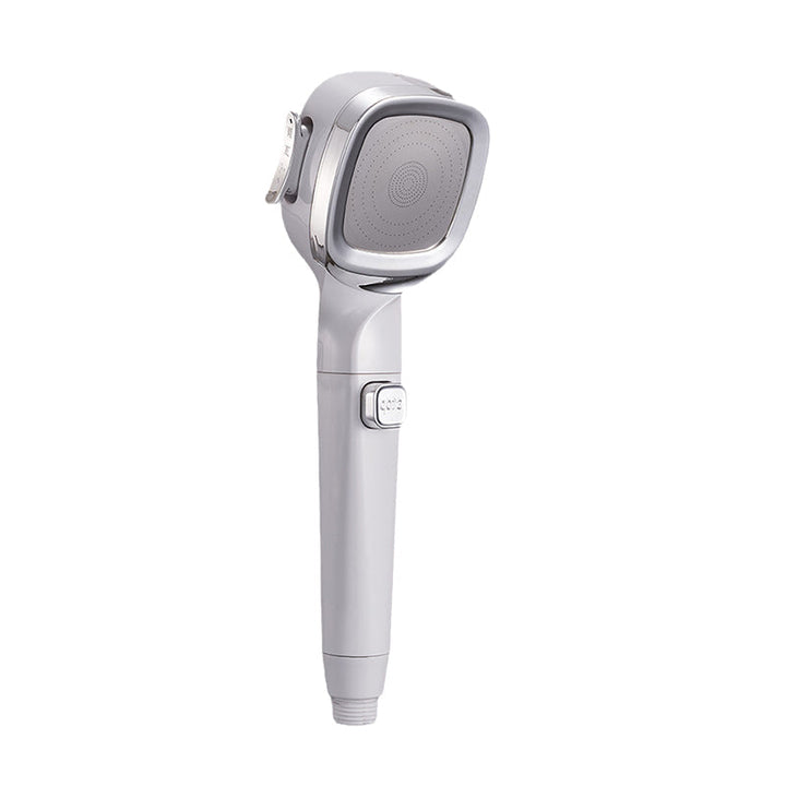 Compact handheld shower head with a robust build, offering pressurized water and a unique pause switch.