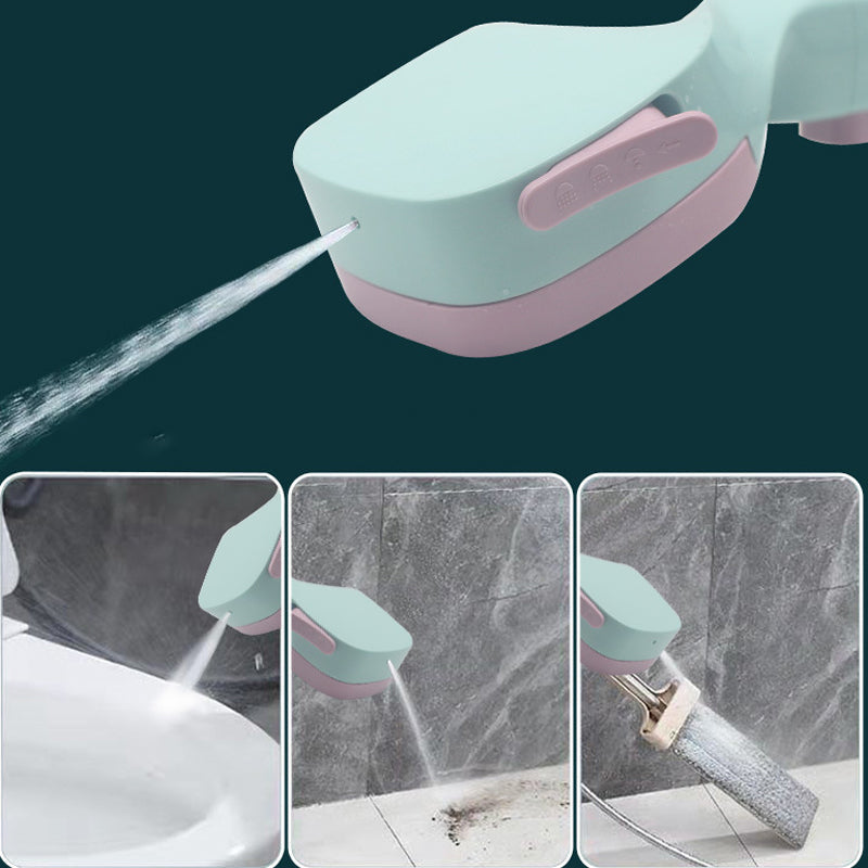 Ergonomic handheld pressurized shower head with a sleek design and built-in pause button for efficient bathing.
