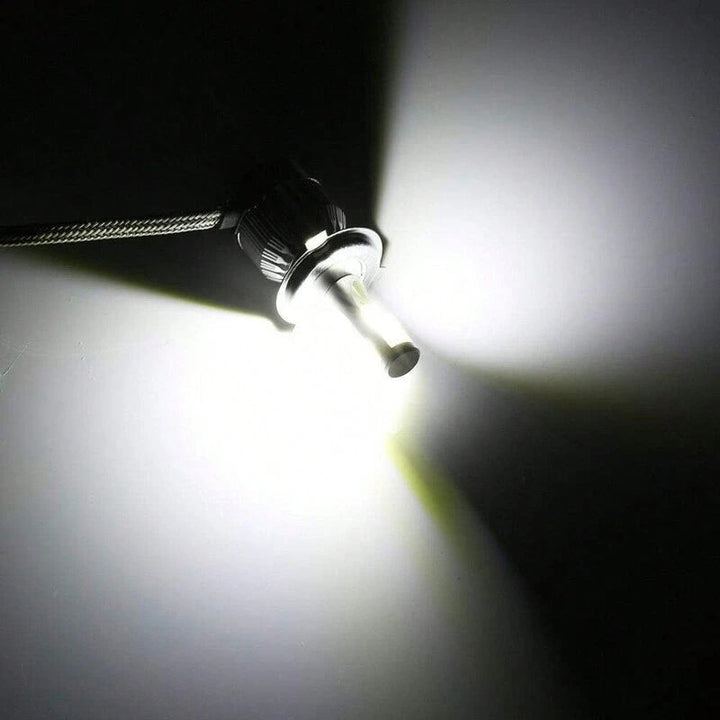 Comparison image of standard vs. LED Headlights, highlighting brighter white light output