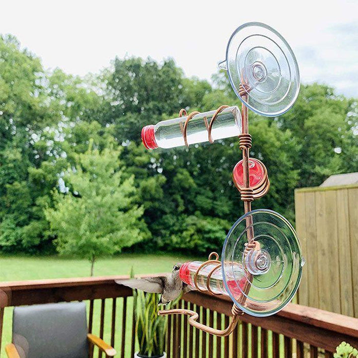 Compact hummingbird feeder with multiple feeding ports, attaches to window for optimal viewing