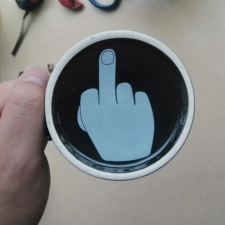 White ceramic coffee mug with a funny message, humorous drinkware