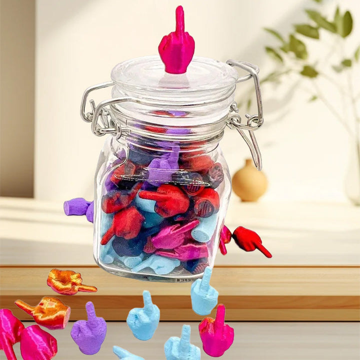 Expression of humor: A jar full of middle fingers, perfect for a funny desk decoration or gag gift.