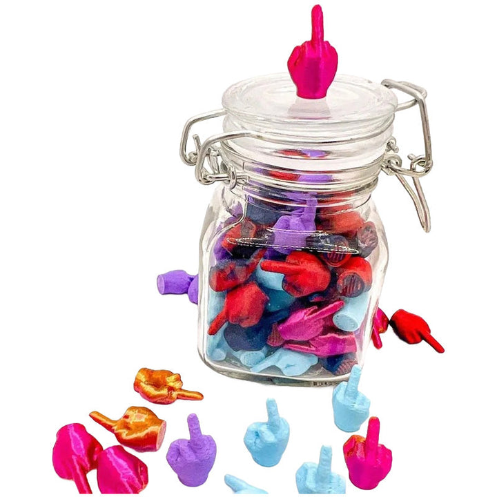 Playful defiance: A 'Jar of Middle Fingers' desktop accessory, white sculptures in a glass container.