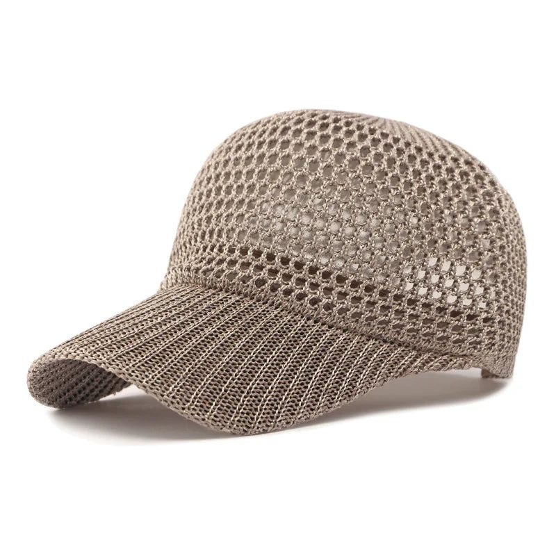 Collection of unisex breathable mesh classic caps in khaki, black, grey, and cream