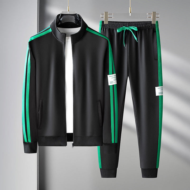 Men's athletic two-piece tracksuit set, black with white stripe, zip-up jacket and jogger pants