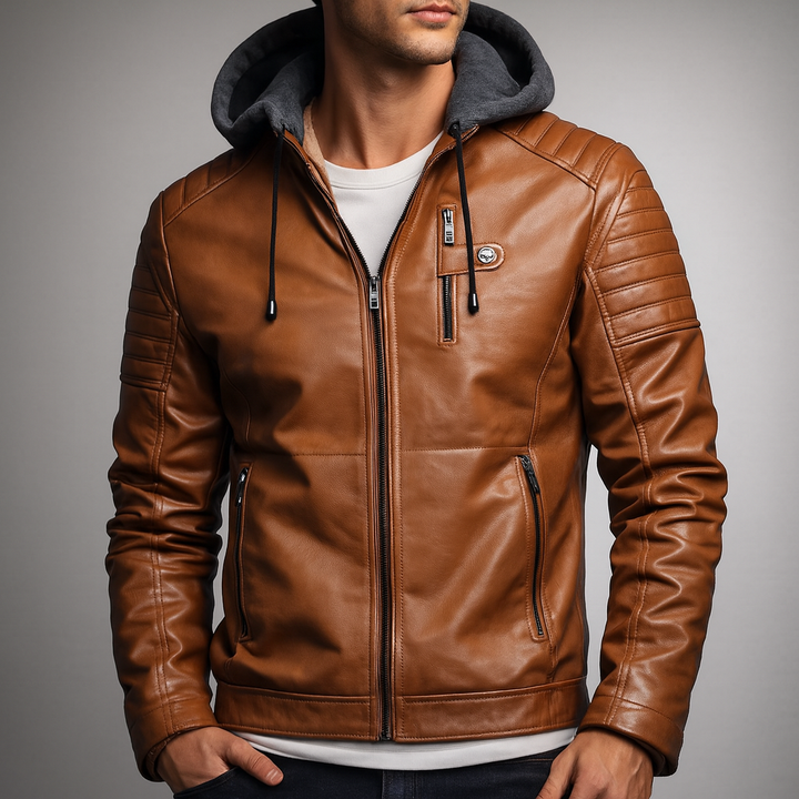 Men's black faux leather hooded jacket with cozy fleece lining, perfect winter outerwear