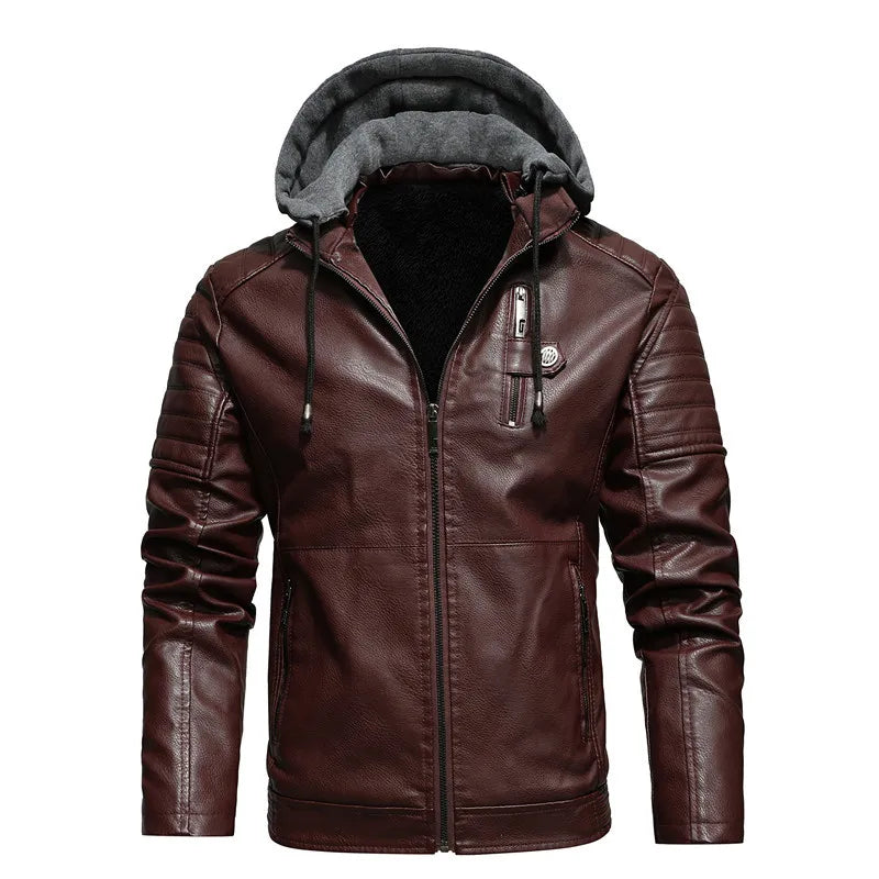 Versatile men's fashion: dark faux leather hooded jacket, fleece-lined for winter comfort