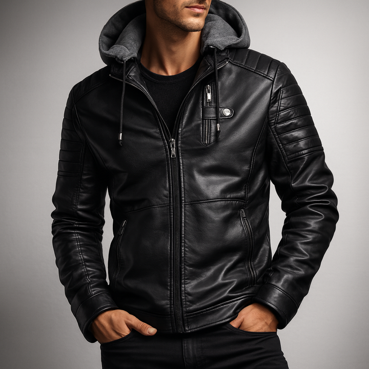 Front view of black men's hooded faux leather jacket, ideal for winter and casual wear