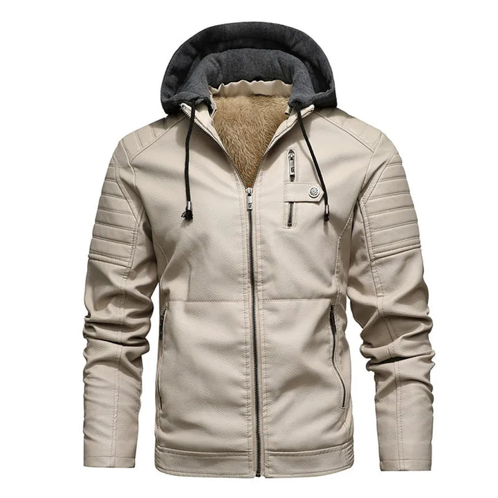 Detail of the zipper and pockets on a men's black hooded fleece-lined winter jacket