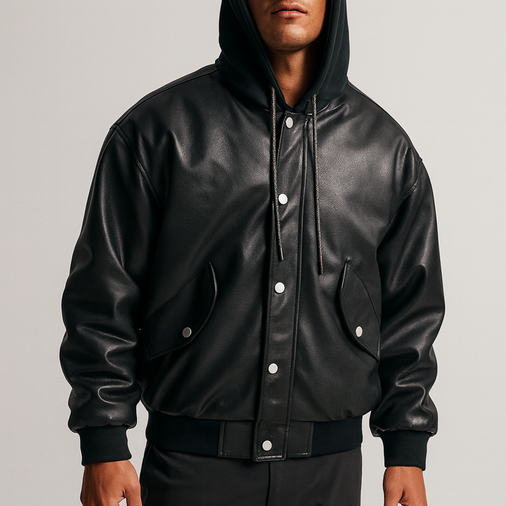 Men's black faux leather hooded jacket with snap closure, front view, casual winter outerwear fashion