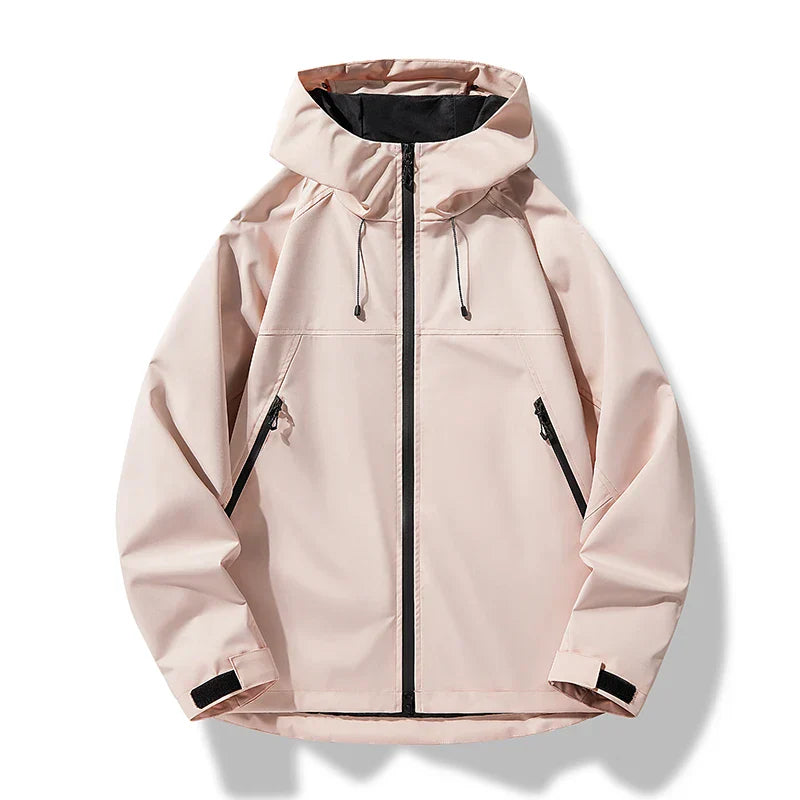 Casual men's hooded shell jacket, waterproof and windproof, shown from the back with adjustable hood.
