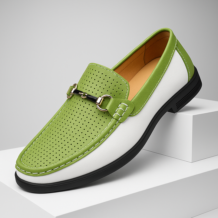 Men's black perforated leather bit loafers, breathable slip-on dress shoes