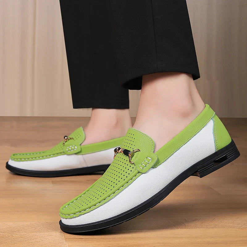 Display of men's premium perforated leather bit loafers, foot comfort