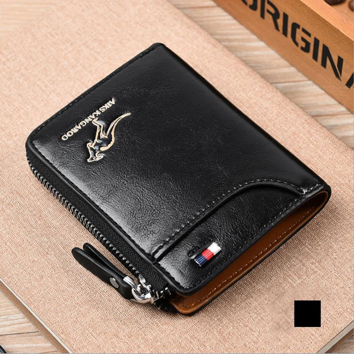 Black leather RFID blocking wallet for men, suitable for everyday use and travel.