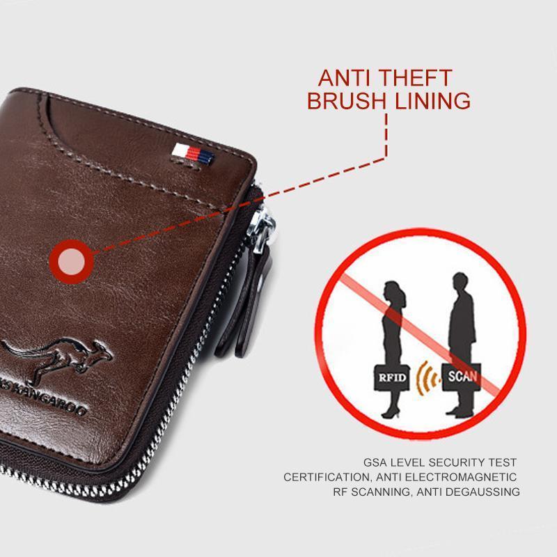 Slim RFID blocking men's wallet in a dark brown, perfect for front pocket carry.