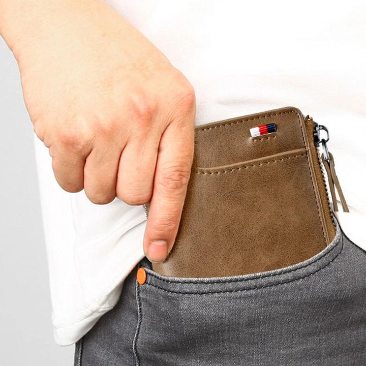 Textured black PU leather RFID blocking wallet, offering security and style for men.