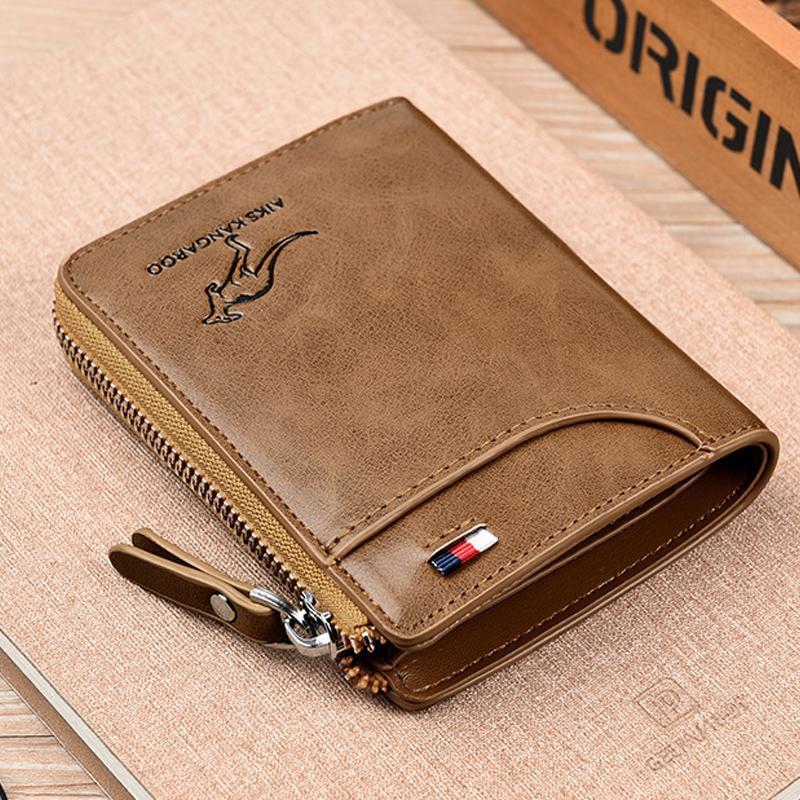 Open view of a men's RFID blocking wallet, revealing several card slots and a currency pocket.