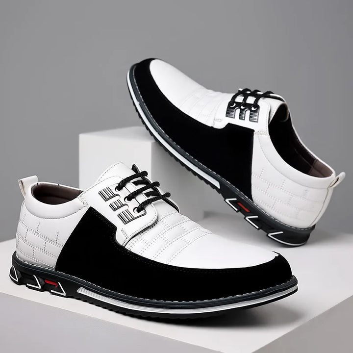 Durable men's vegan leather oxfords, designed as a hybrid dress and casual shoe with a woven finish.