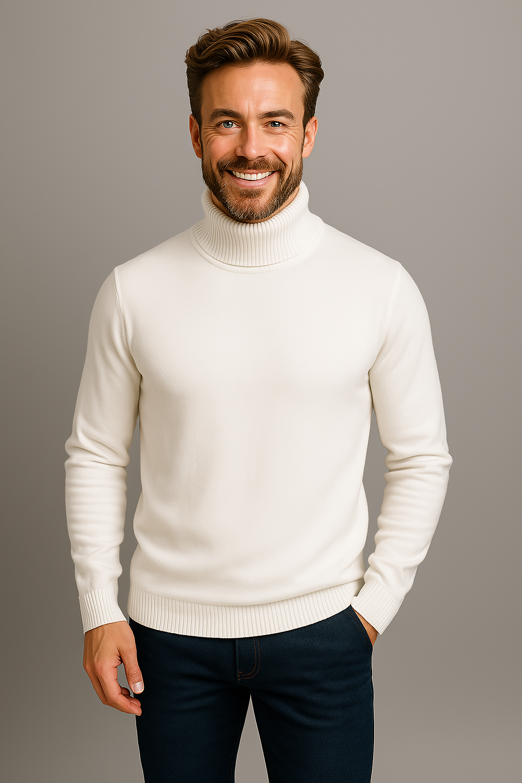Detail of the ribbed turtleneck collar on a men's bold sweater, a key spring fashion element.