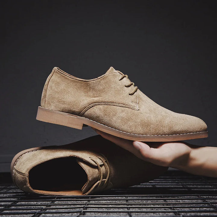 Stylish brown suede lace-up Derby shoes for men, combining comfort and classic formal wear elements.