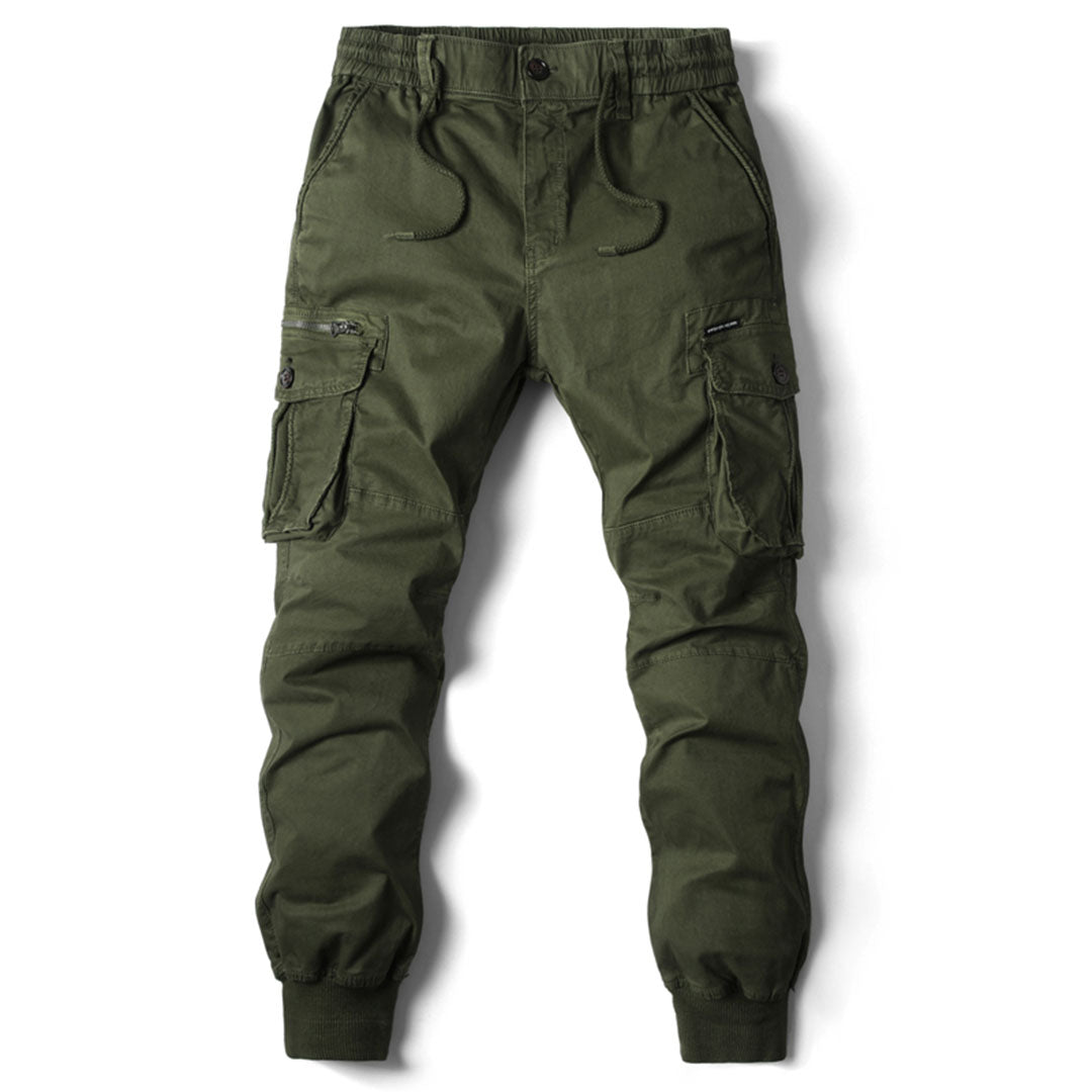 Back view of men's jogger pants, displaying the rear pockets and clean casual aesthetic.