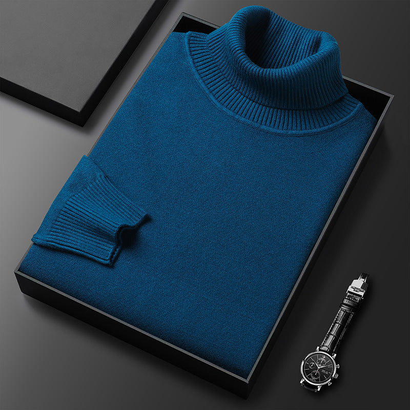 Back view of a men's casual knit turtleneck sweater, demonstrating the fit and long sleeve comfort for spring.