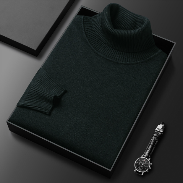 Men's green turtleneck sweater in a comfortable knit, suitable for spring's cooler days, smart casual apparel.
