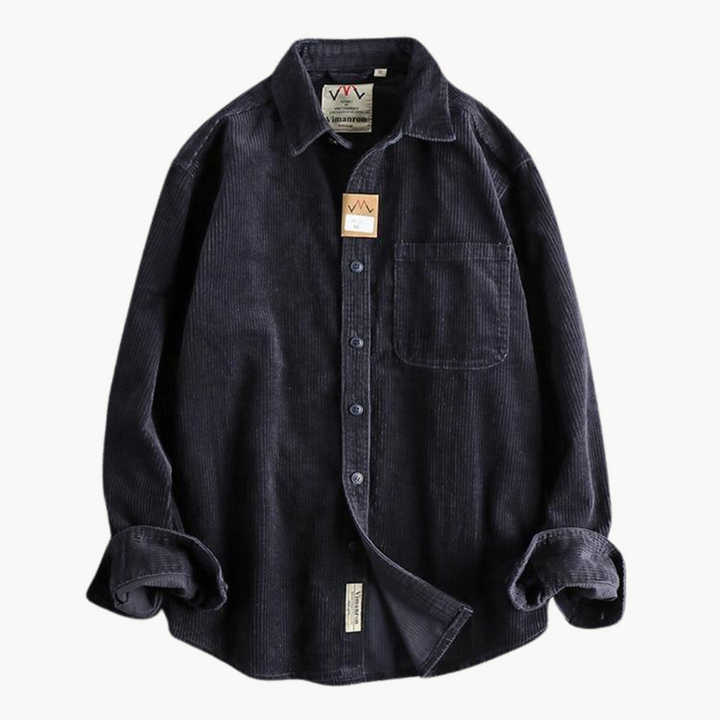 Full view of a men's long sleeve corduroy shirt in a versatile color, great for everyday wear