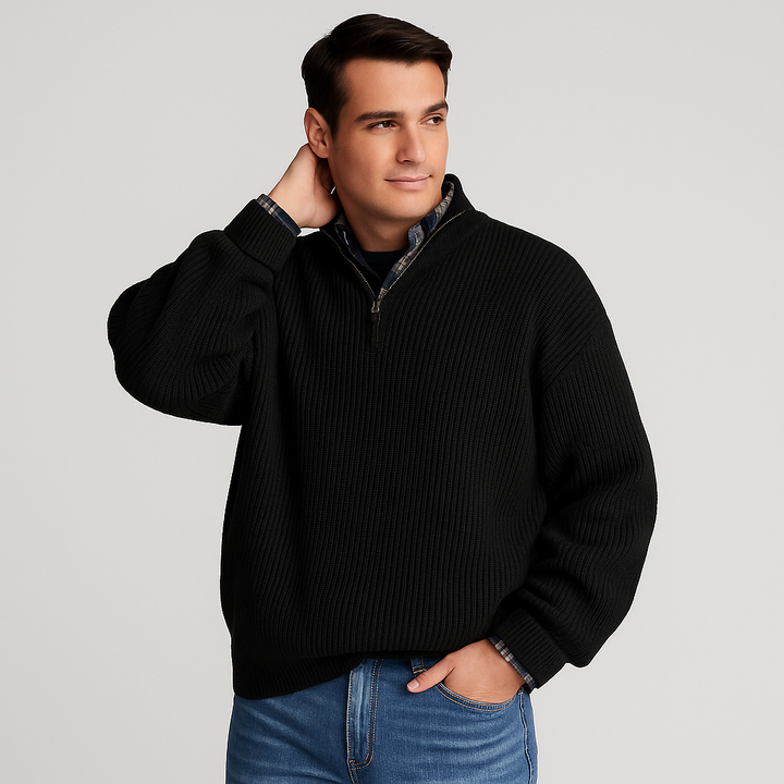 Close-up of a men's half-zip pullover sweater, showing the ribbed collar and soft fabric texture.