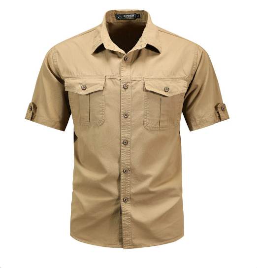 Army green men's casual spring shirt with practical utility pockets