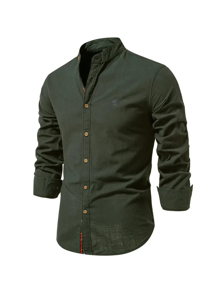 Men's black casual button-down shirt, offering a sophisticated look for spring.
