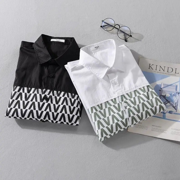Stylish men's long sleeve shirt featuring a unique contrast stripe pattern, ideal for men's fashion.