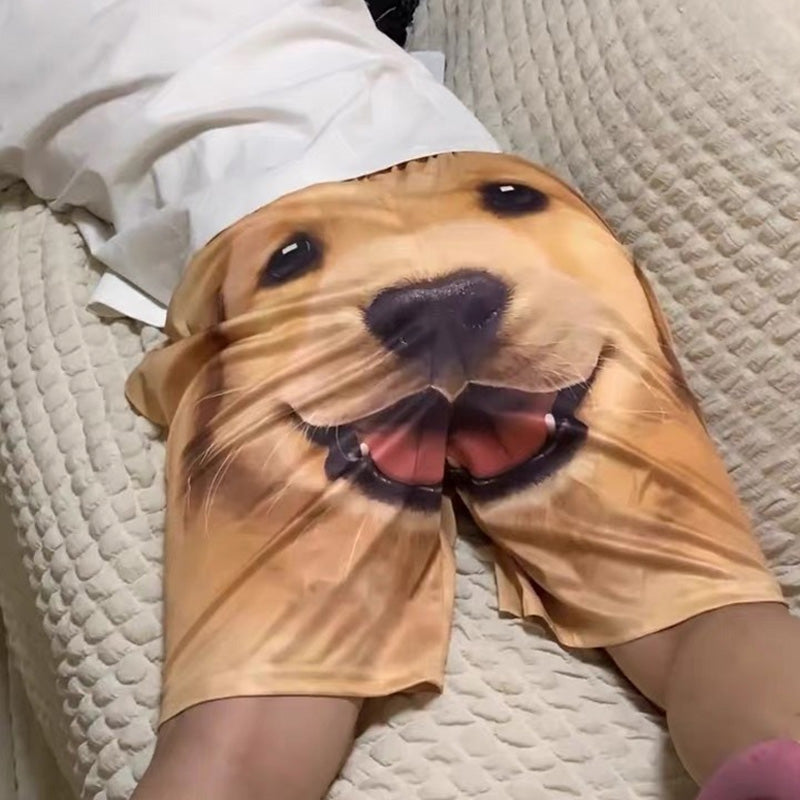 Folded men's casual shorts featuring an adorable retriever dog pattern, ready for a beach vacation