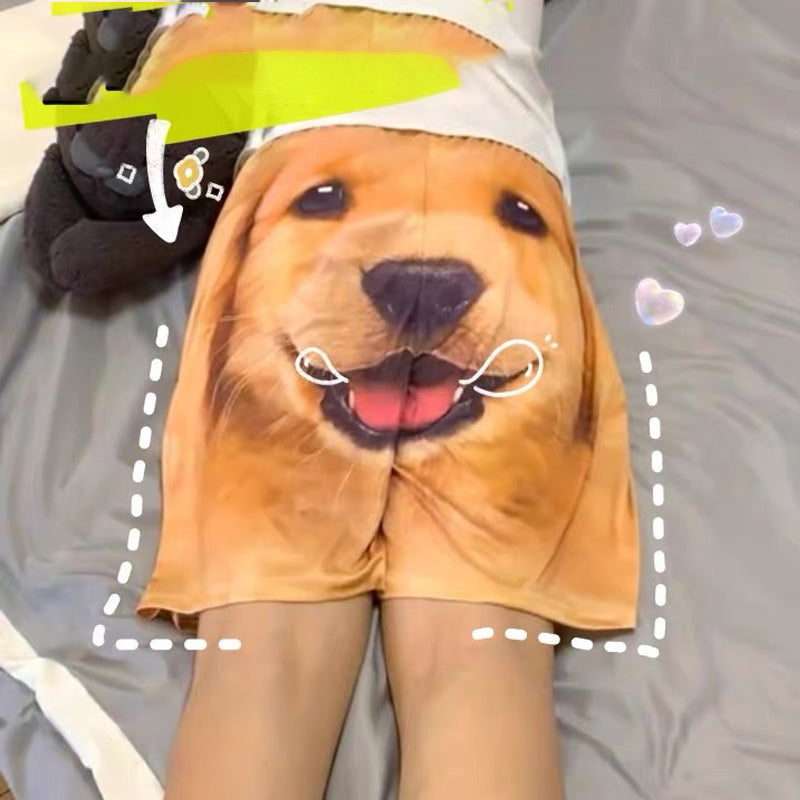 Pile of men's dog print casual shorts, emphasizing the soft nylon spandex material for beachwear