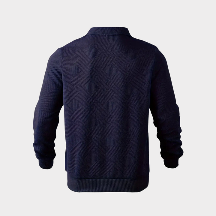 Back view of a plain men's casual textured half-zip sweater, showing fit and length