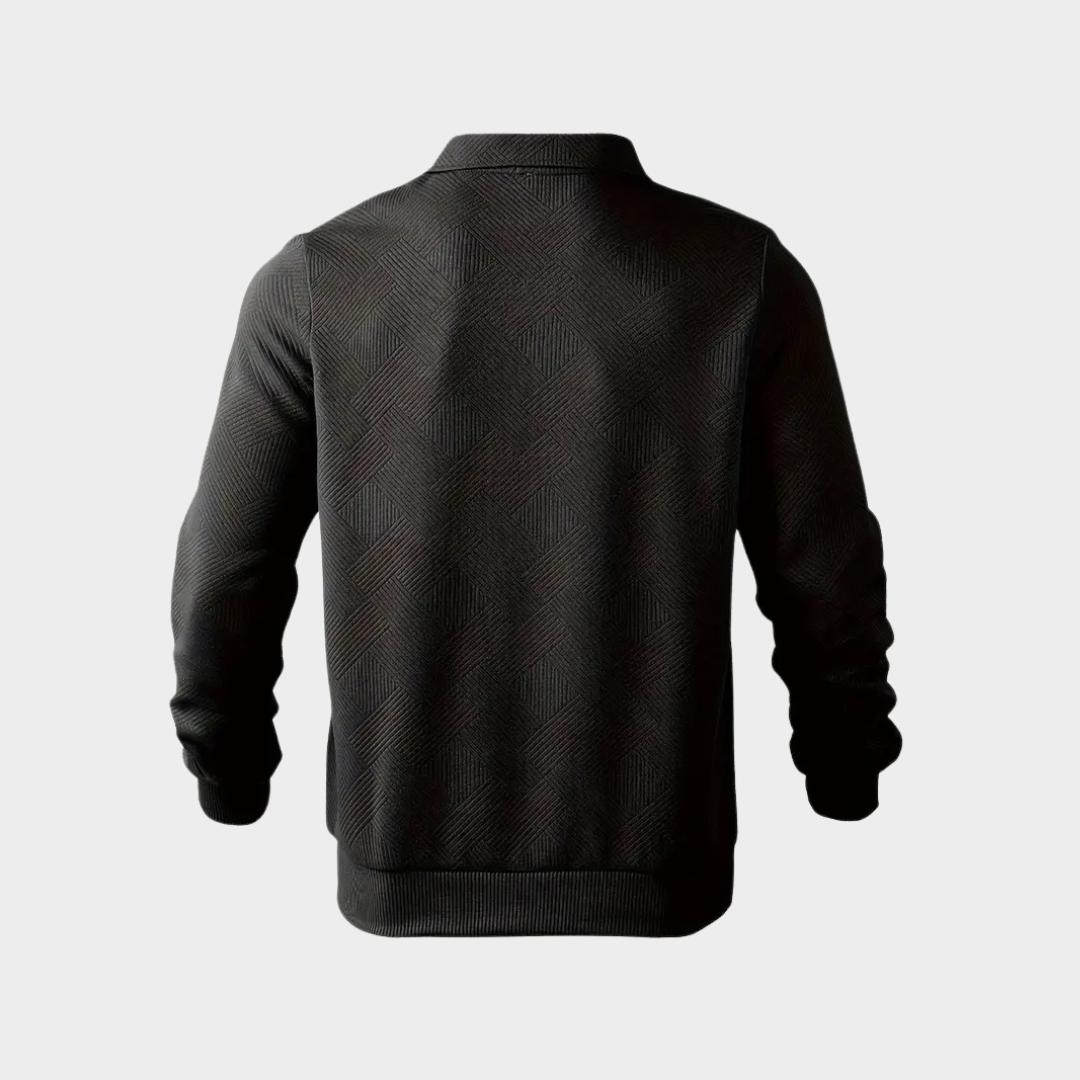 Lifestyle shot: man in a casual textured half-zip pullover, relaxing, exuding comfort