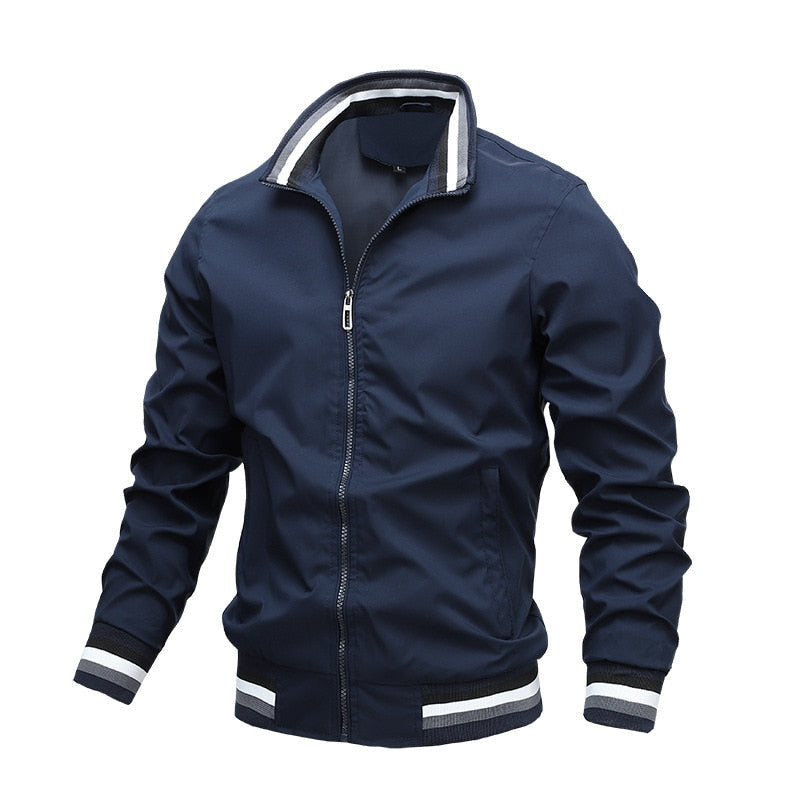 Close-up of a men's lightweight bomber jacket with a durable front zipper, ideal for autumn