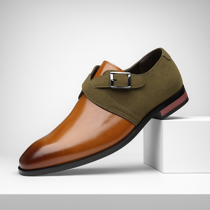 Men's classic black leather buckle loafers, luxurious formal dress shoes.