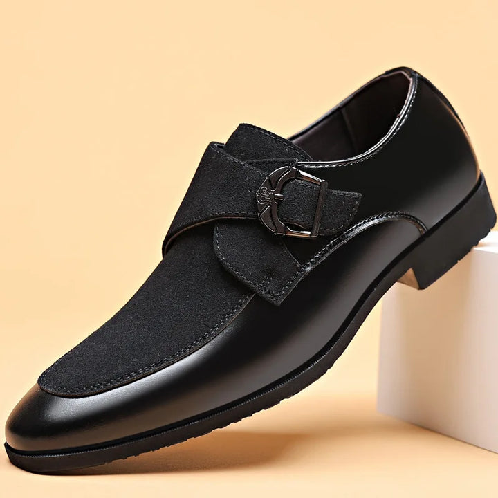 Sophisticated dark brown men's buckle loafers made from premium suede, a smart addition to any wardrobe.