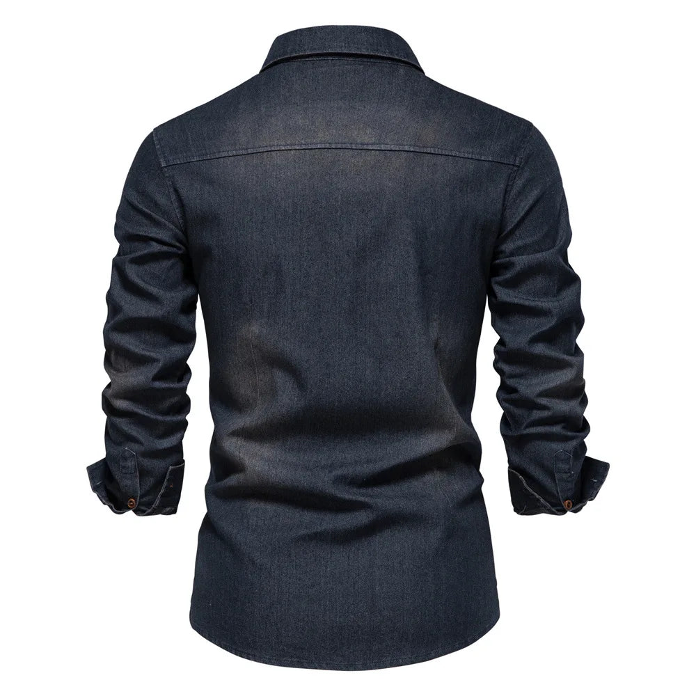 Blue denim men's long sleeve button-up shirt, perfect for casual fashion outerwear