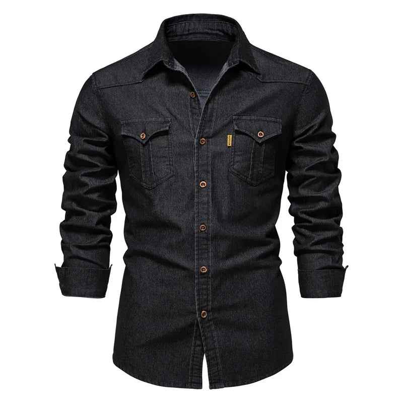 Classic men's denim button-up shirt in a rich blue wash, front view