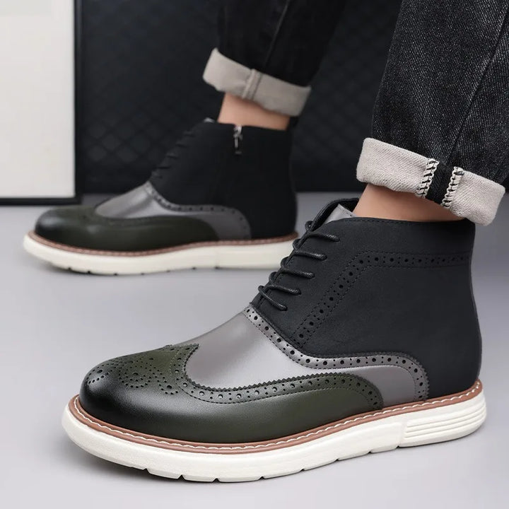 Fashionable men's boots featuring classic brogue perforations and a sturdy sole.