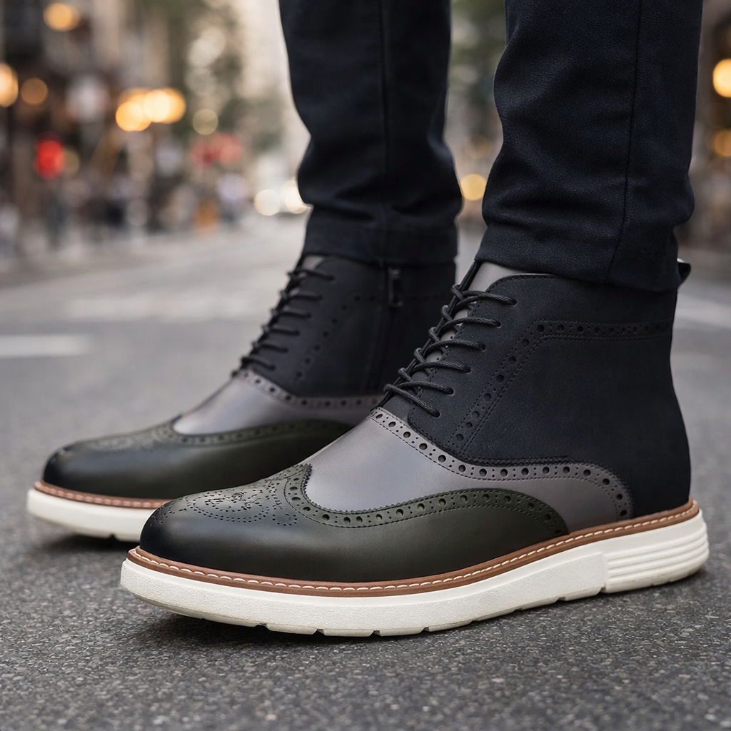 Brogue leather boots for men, featuring intricate detailing and durable construction.