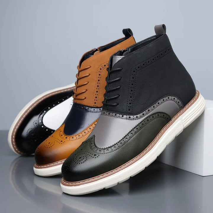 Stylish men's brogue boots in black leather, offering a blend of classic and modern fashion.