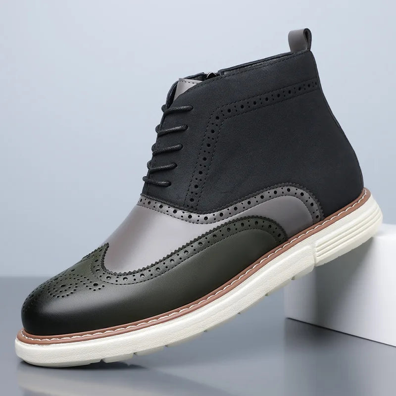 A pair of men's classic leather boots with brogue patterns, ideal for autumn fashion.