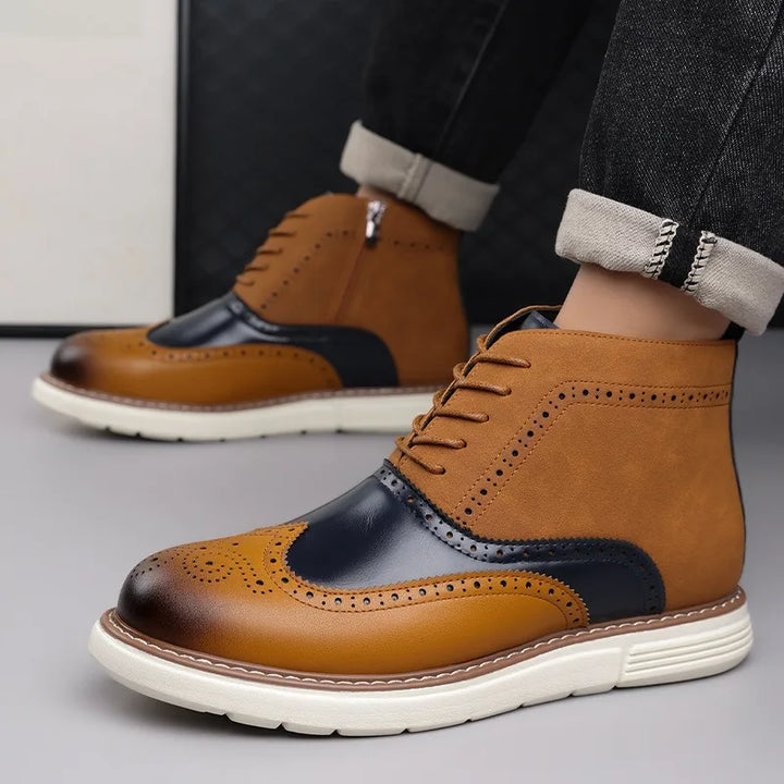 Side view of men's classic brogue boots, emphasizing the quality leather and shape.