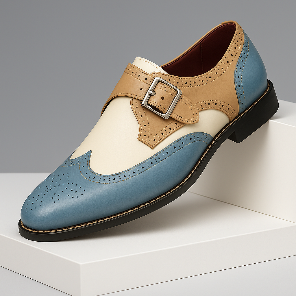 Men's classic brown leather monk strap brogue shoes with wingtip detailing