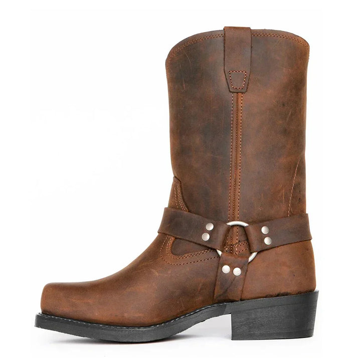 Men's classic brown leather Western boots with pointed toe & stacked heel, durable cowboy style footwear