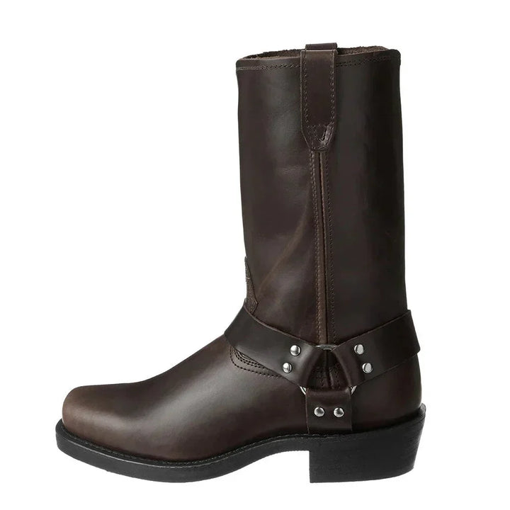 Close-up of men's durable leather Western boots, showcasing quality craftsmanship and classic rugged style