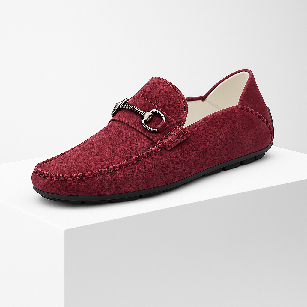 Side view of men's grey suede bit loafers, showcasing the classic design and quality craftsmanship